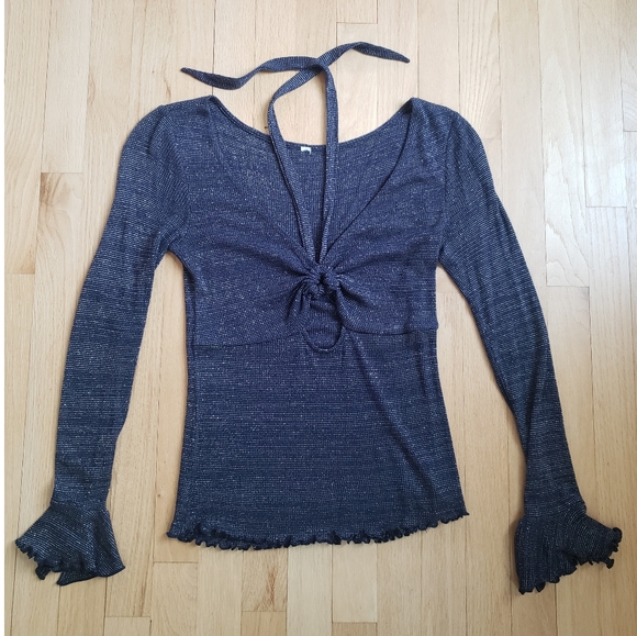 Urban Outfitters Tops - Urban Outfitters Navy Blue metallic long sleeve cut out top - size small